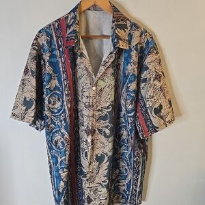 Vintage-Inspired Blue and Cream Men's Short Sleeve Button-Up Shirt
